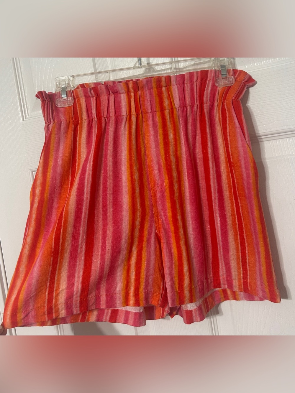 LUCY PARIS Women’s Linen Rayon Stripe Pull On Shorts Orange Pink Pockets Size XS